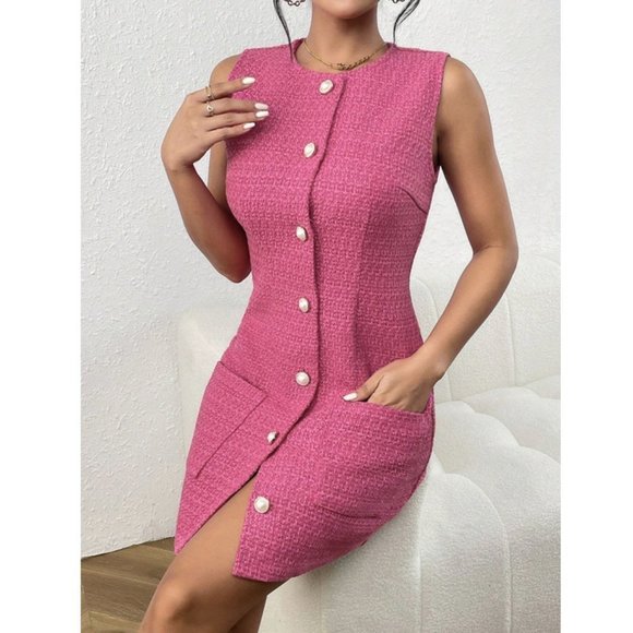 Classic Dual Pocket Button Front Tweed Dress - Pink - Picture 3 of 6